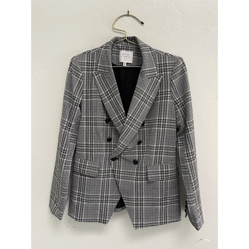 Maison d'Amélie Plaid Double Breasted Blazer Medium Black White Dark Academia